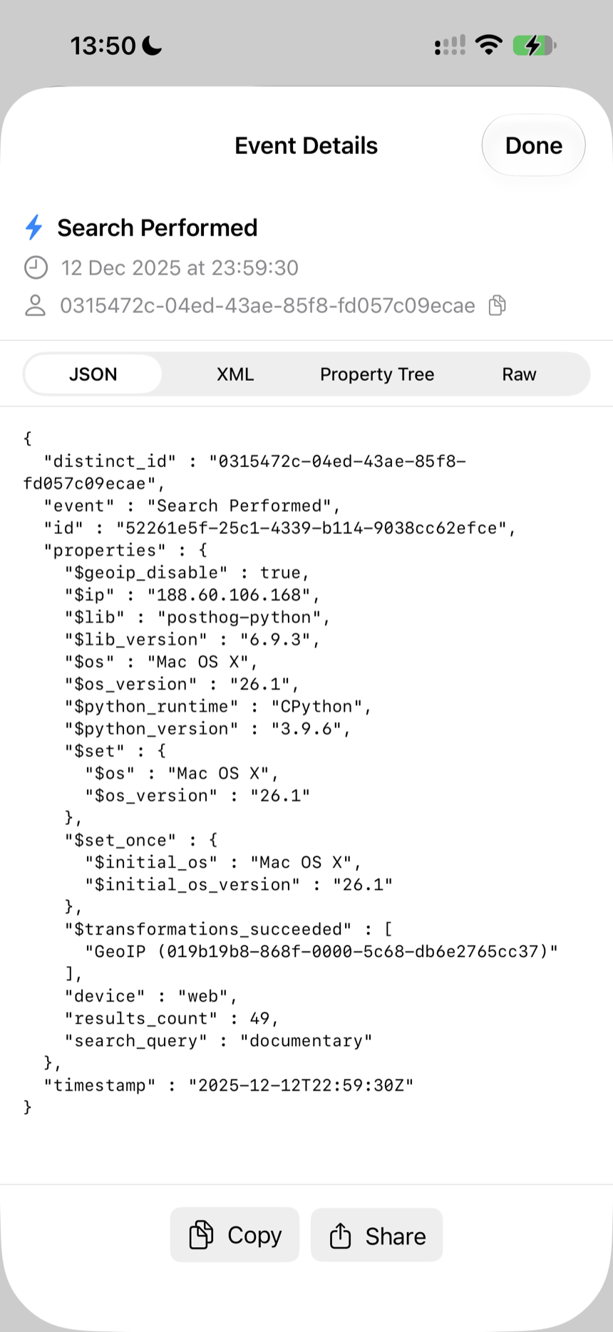 The Event Details sheet on an iPhone for a Search Performed event from the Demo project, with its timestamp and identifier at the top, the JSON, XML, Property Tree and Raw format switch, and the complete JSON payload below, ending in Copy and Share buttons.