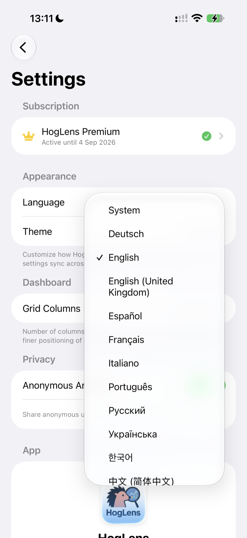 The Settings screen on an iPhone with the Language menu open, listing System, Deutsch, English, English (United Kingdom), Español, Français, Italiano, Português, Русский, Українська, 한국어 and 中文 with English selected; the rest of the list continues below the fold.